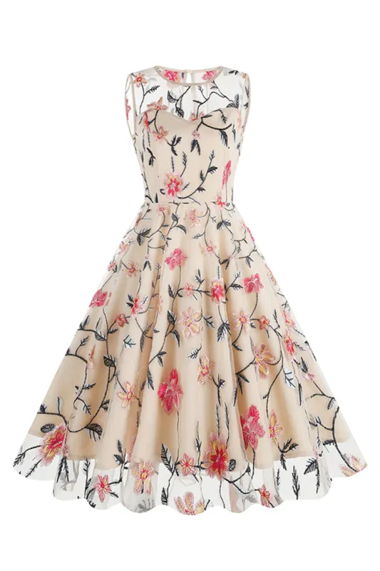 Apricot Elegant Floral Embroidered Sleeveless Midi Vintage Dress sold by Zapaka