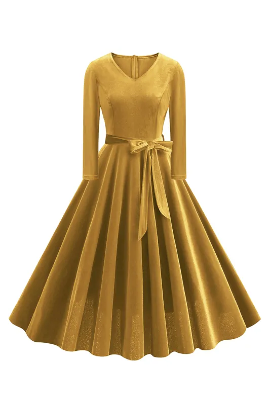 Yellow V Neck Pleated Long Sleeves 1950s Dress sold by Zapaka