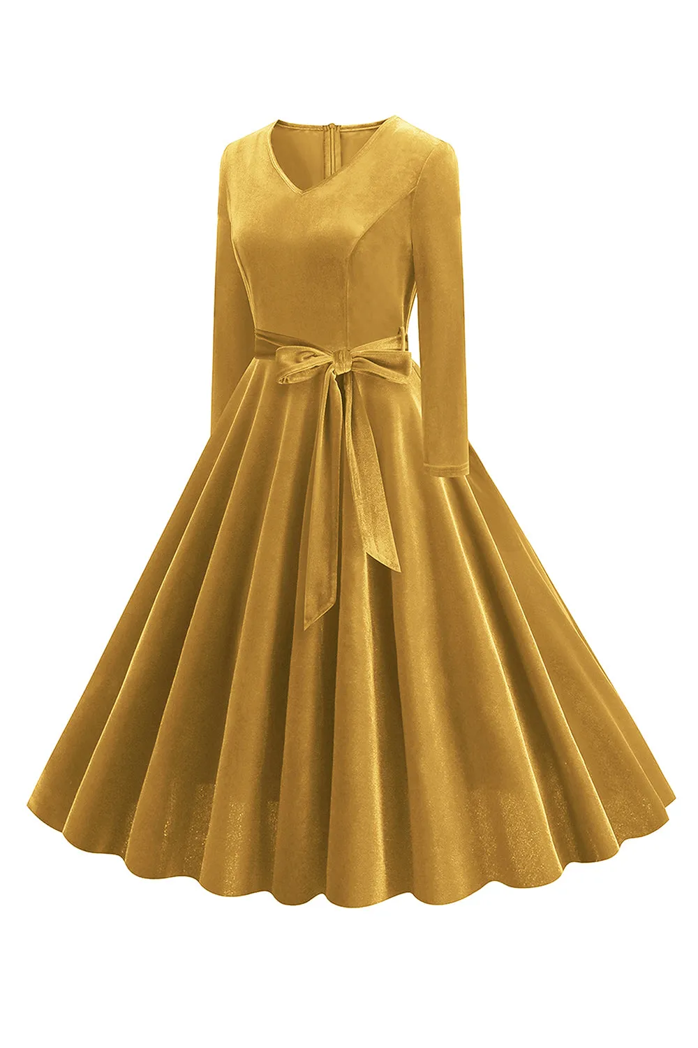 Yellow V Neck Pleated Long Sleeves 1950s Dress sold by Zapaka product image thumbnail 3