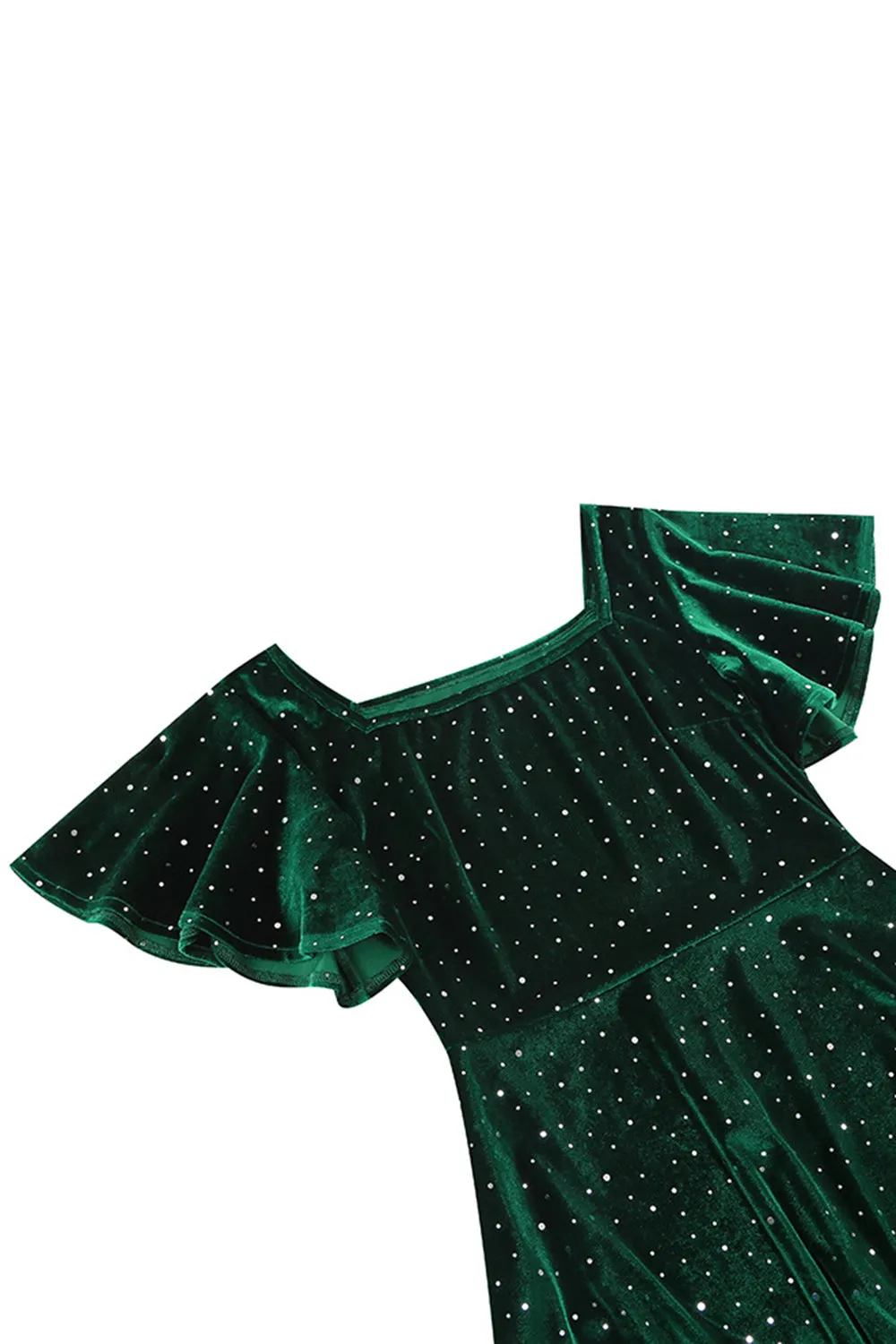 Dark Green Dotted Velvet Square Neck Flying Sleeve Midi Vintage Dress sold by Zapaka product image thumbnail 4