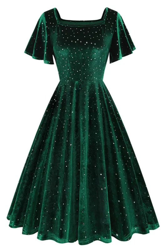 Dark Green Dotted Velvet Square Neck Flying Sleeve Midi Vintage Dress sold by Zapaka