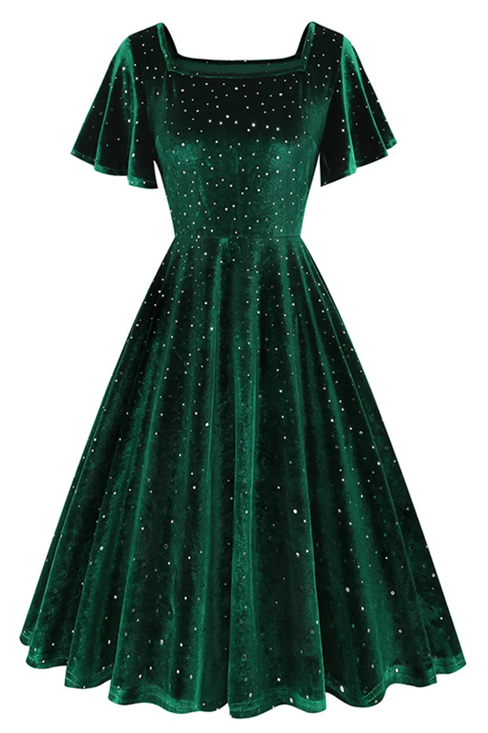 Dark Green Dotted Velvet Square Neck Flying Sleeve Midi Vintage Dress sold by Zapaka