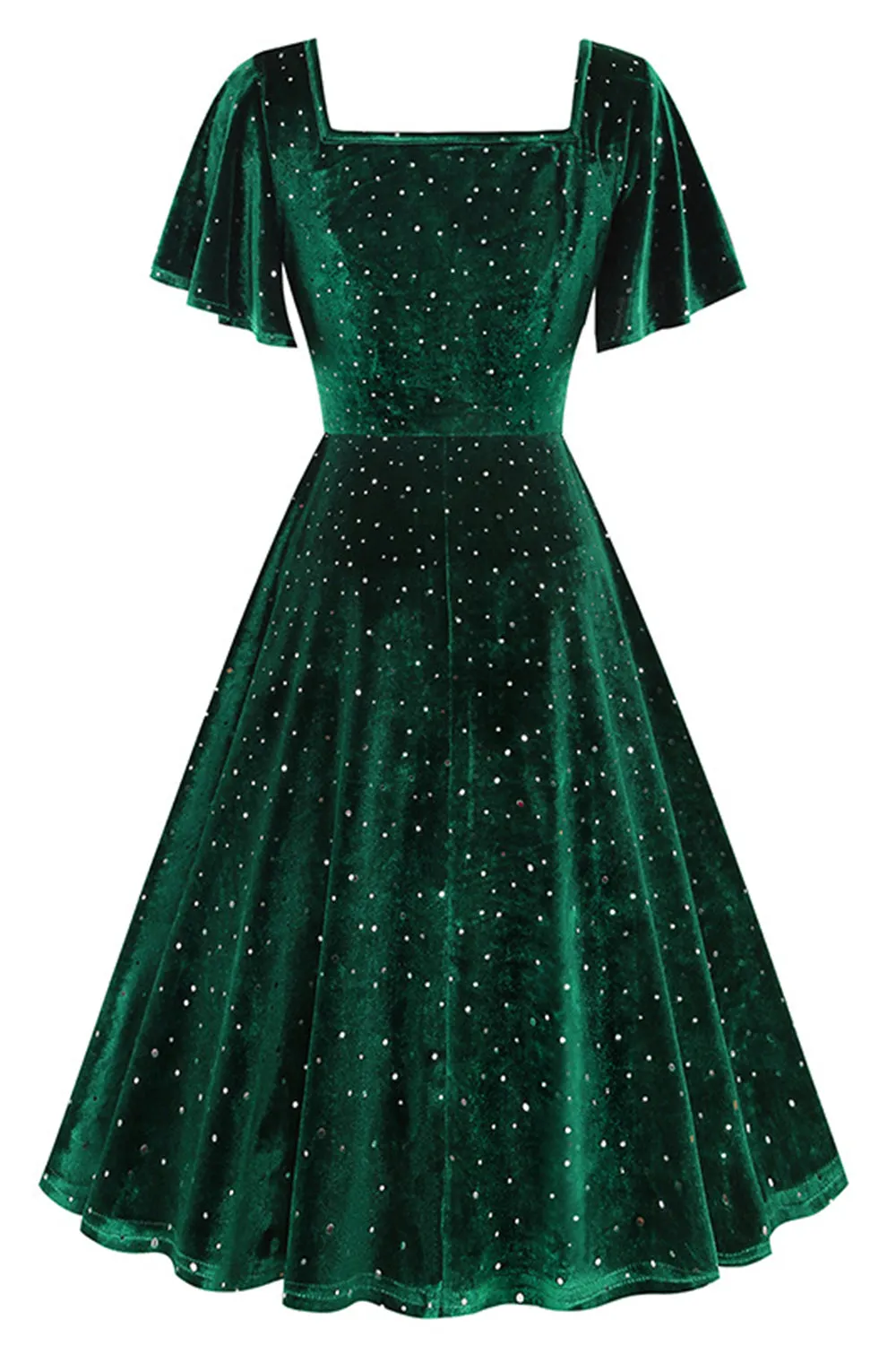 Dark Green Dotted Velvet Square Neck Flying Sleeve Midi Vintage Dress sold by Zapaka product image thumbnail 2