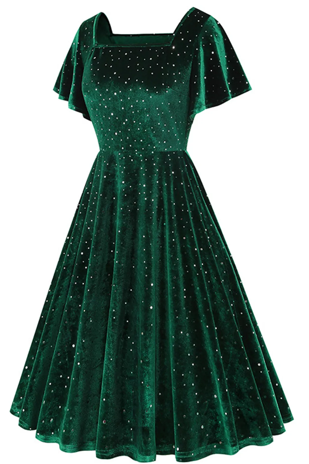 Dark Green Dotted Velvet Square Neck Flying Sleeve Midi Vintage Dress sold by Zapaka product image thumbnail 3