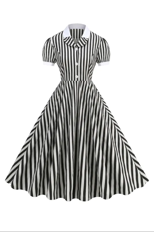 Black A Line Stripe 1950s Dress with Sleeves sold by Zapaka