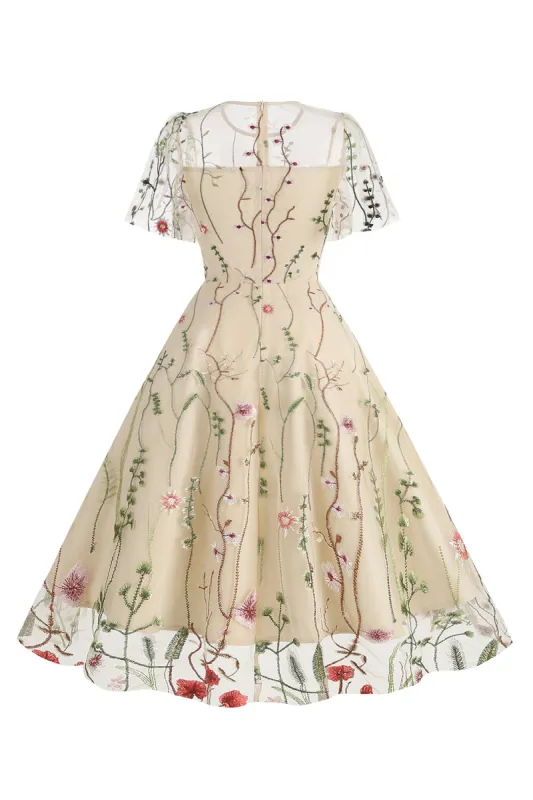 Apricot A Line Printed Tulle 1950s Dress with Short Sleeves sold by Zapaka