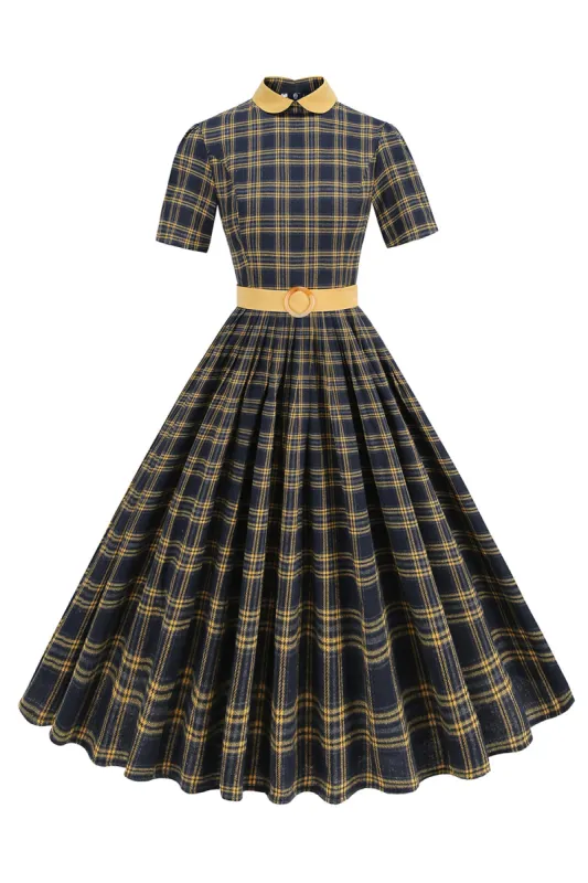 Black Plaid A-Line Peter Pan Collar Midi 1950s Dress sold by Zapaka
