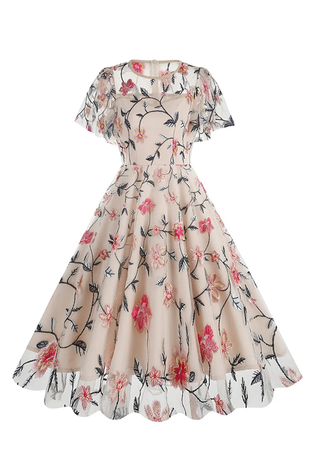 Apricot A Line Flower Short Sleeves 1950s VintageDress sold by Zapaka