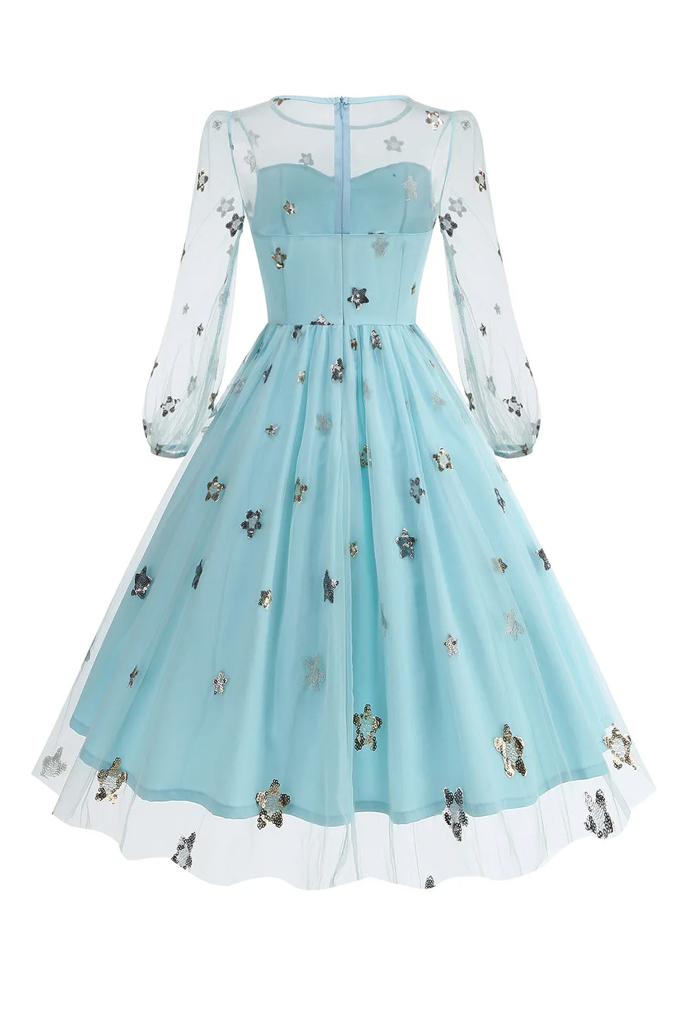 Floral Blue A Line 1950s Dress with Long Sleeves sold by Zapaka product image thumbnail 2