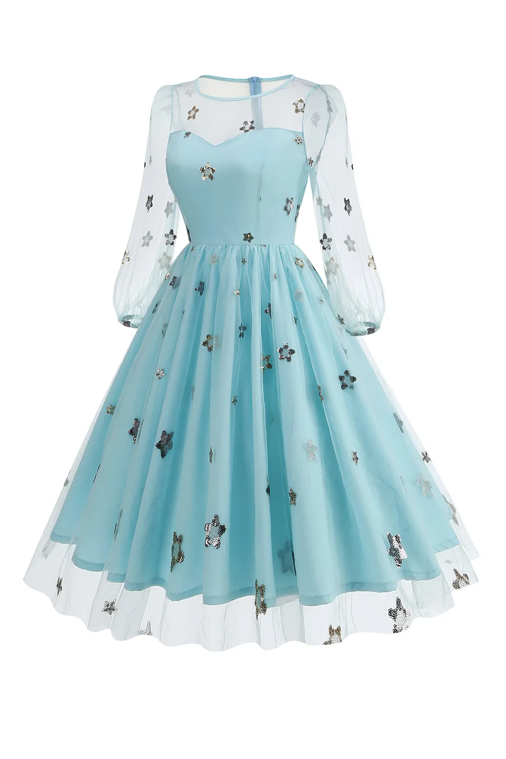 Floral Blue A Line 1950s Dress with Long Sleeves sold by Zapaka product image thumbnail 3