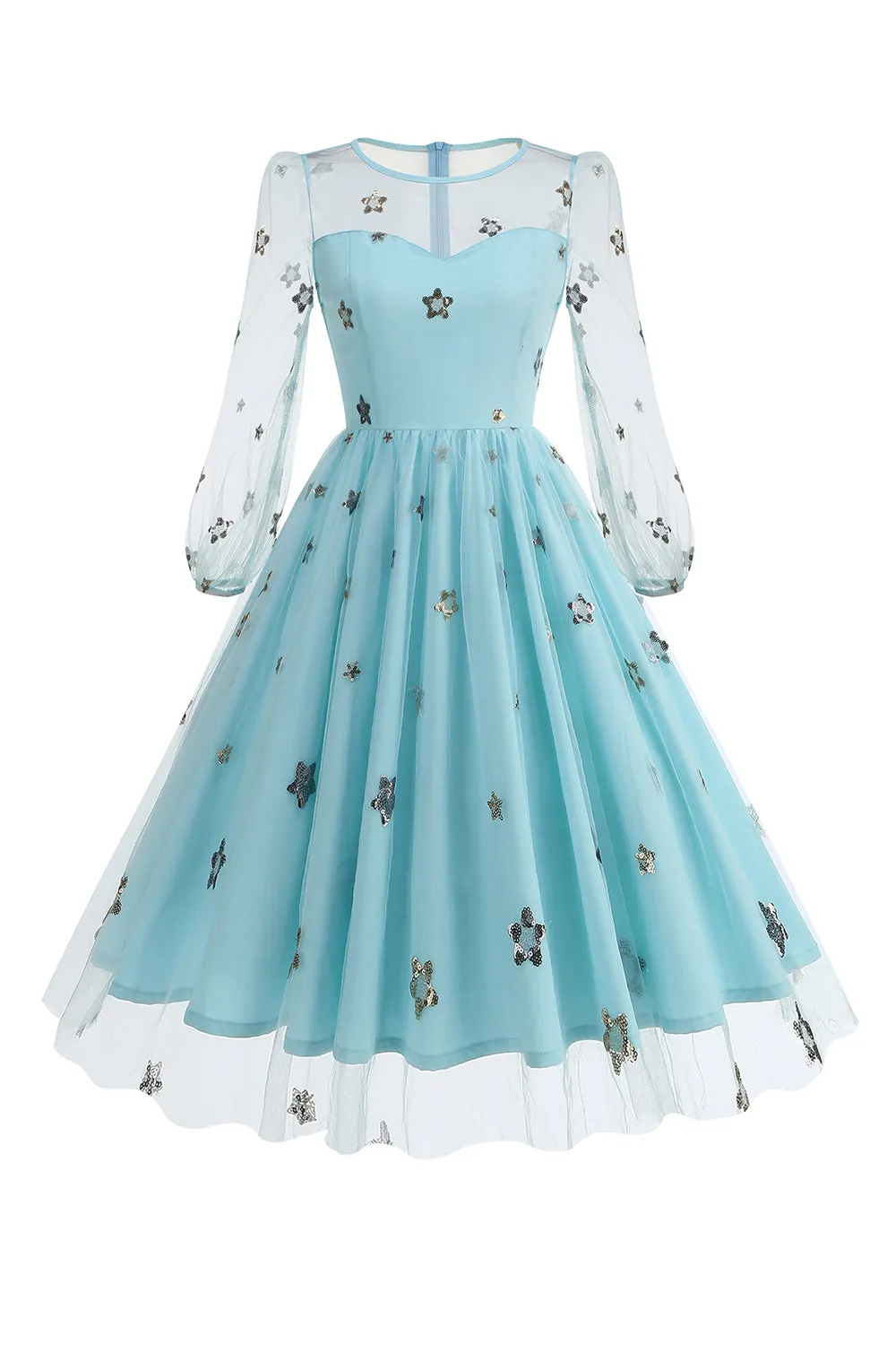 Floral Blue A Line 1950s Dress with Long Sleeves sold by Zapaka