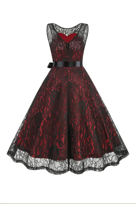 Burgundy A Line Lace Sleeveless 1950s Vintage Dress sold by Zapaka