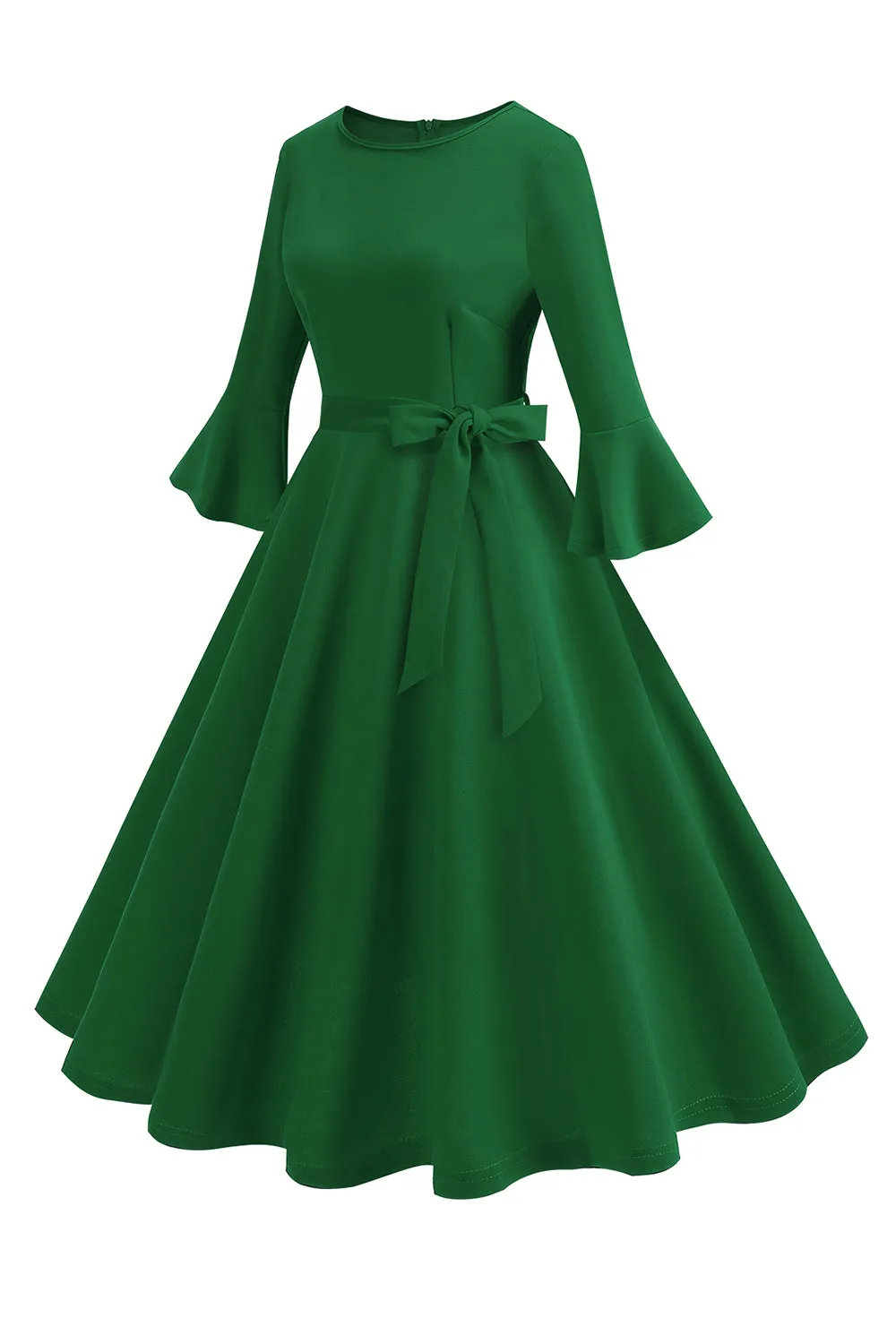 Dark Green Round Neck Pleated Long Sleeves 1950s Vintage Dress sold by Zapaka product image thumbnail 3