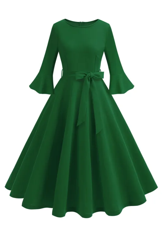 Dark Green Round Neck Pleated Long Sleeves 1950s Vintage Dress sold by Zapaka