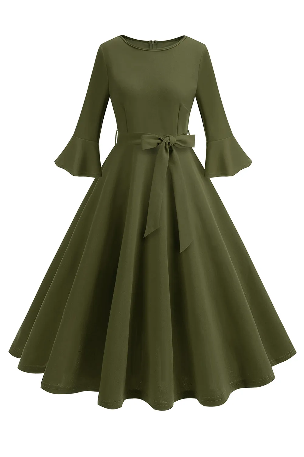Dark Green Round Neck Pleated Long Sleeves 1950s Vintage Dress sold by Zapaka product image thumbnail 5