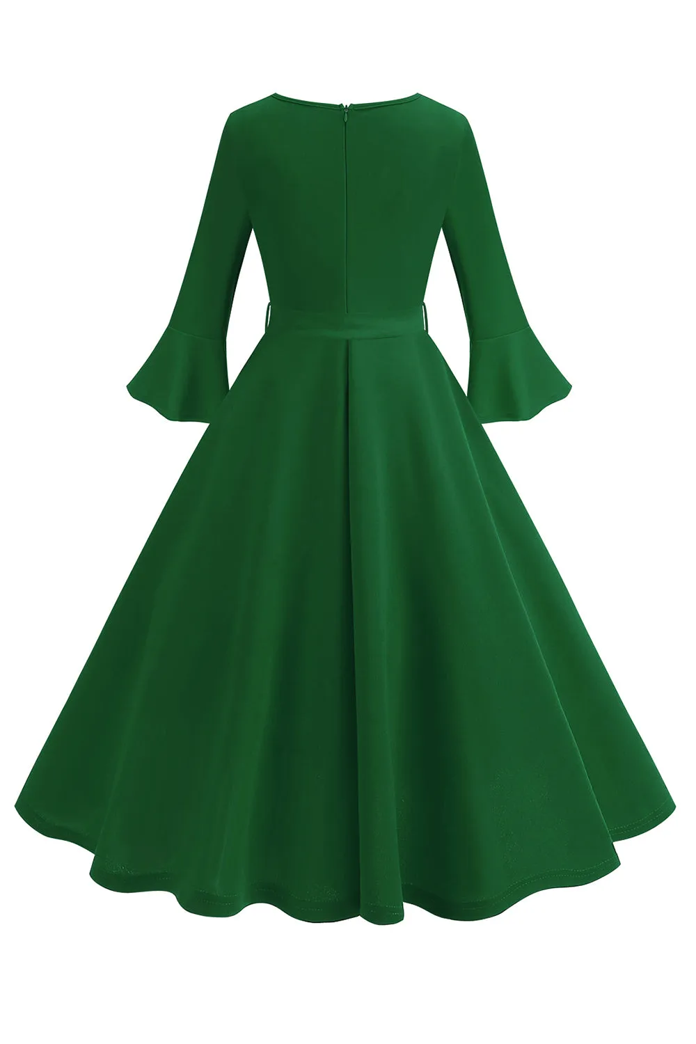 Dark Green Round Neck Pleated Long Sleeves 1950s Vintage Dress sold by Zapaka product image thumbnail 2