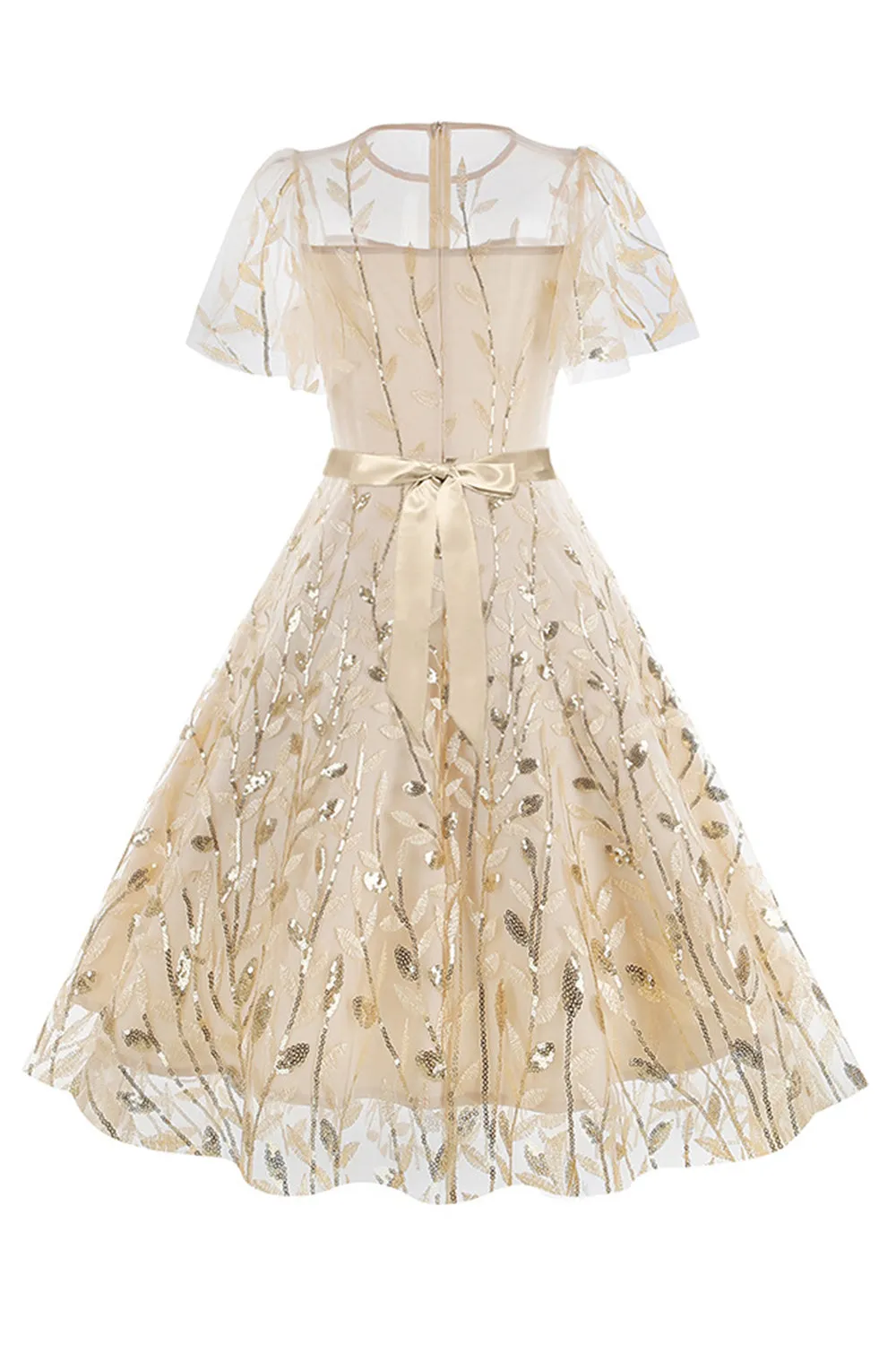 Apricot Sequined Leaf Embroidered Mesh Overlay Elegant Vintage Dress sold by Zapaka product image thumbnail 2