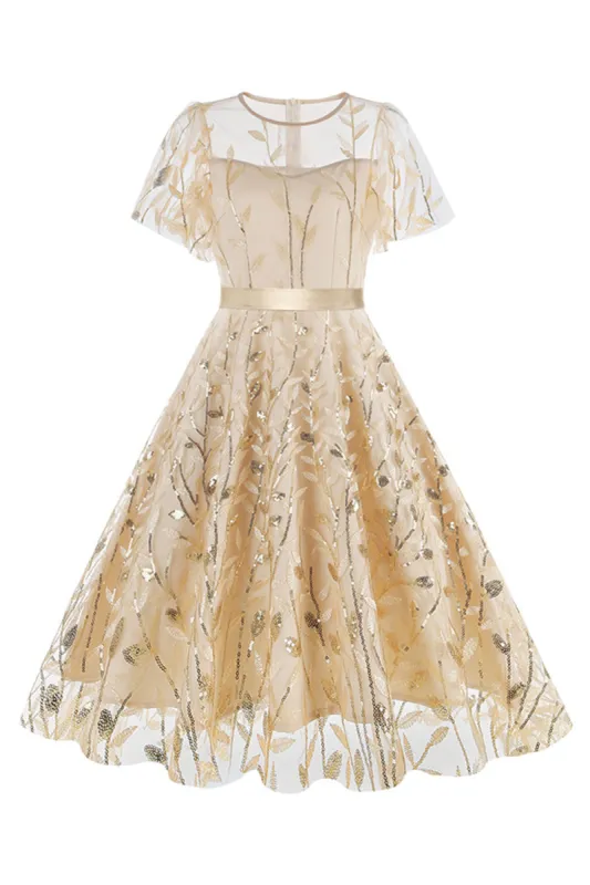 Apricot Sequined Leaf Embroidered Mesh Overlay Elegant Vintage Dress sold by Zapaka