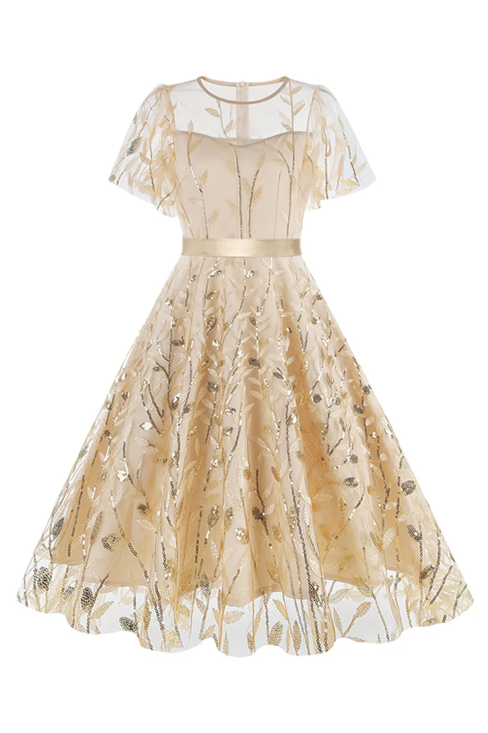 Apricot Sequined Leaf Embroidered Mesh Overlay Elegant Vintage Dress sold by Zapaka