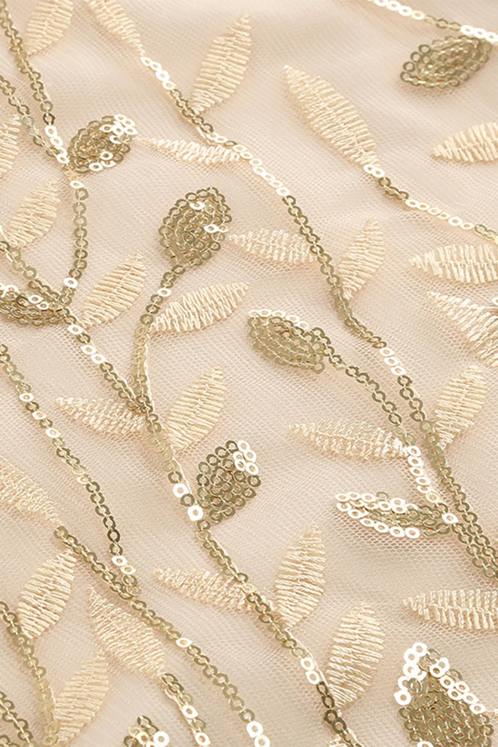 Apricot Sequined Leaf Embroidered Mesh Overlay Elegant Vintage Dress sold by Zapaka product image thumbnail 5