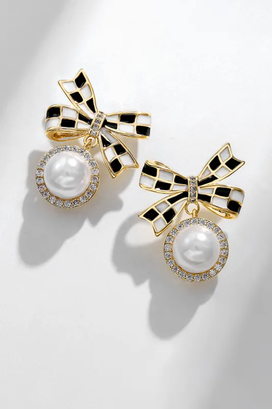 Black and White Check Bow Earrings sold by Zapaka