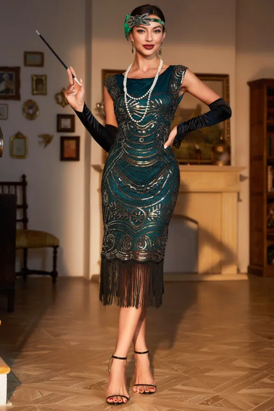 Beaded Fringed Dark Green 1920s Flapper Dress sold by Zapaka