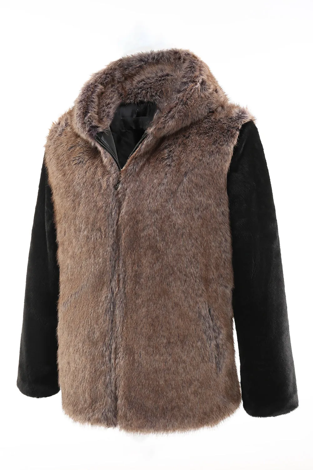 Fluffy Brown Faux Fur Short Men's Coat with Hood sold by Zapaka product image thumbnail 3