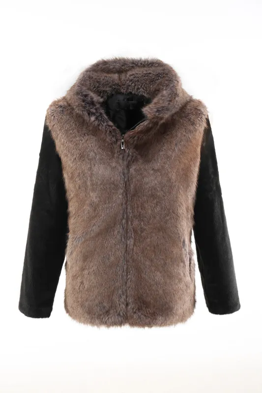 Fluffy Brown Faux Fur Short Men's Coat with Hood sold by Zapaka