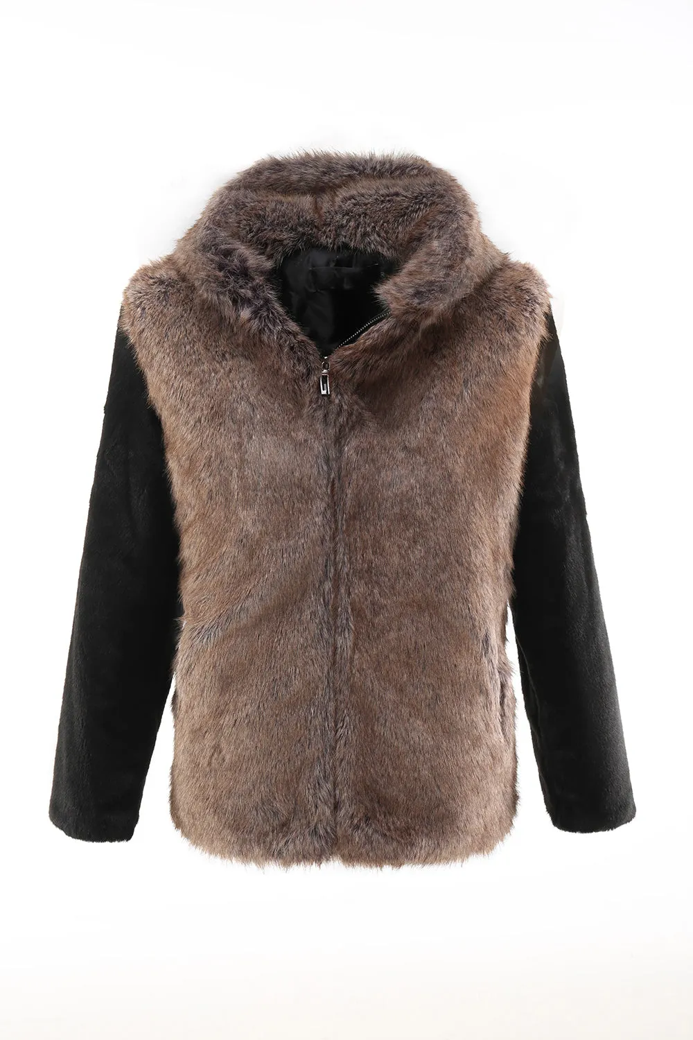 Fluffy Brown Faux Fur Short Men's Coat with Hood sold by Zapaka