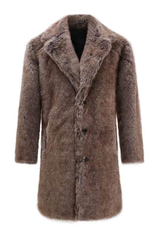 Khaki Fluffy Notched Lapel Faux Fur Long Men's Coat sold by Zapaka