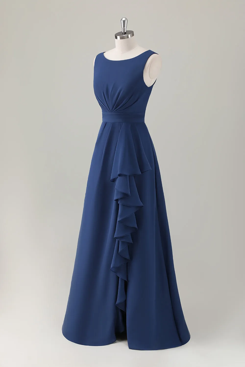 Dark Blue A-Line Ruffle Long Bridesmaid Dress with Slit sold by Zapaka product image thumbnail 3