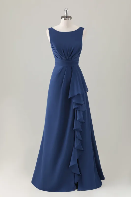 Dark Blue A-Line Ruffle Long Bridesmaid Dress with Slit made by Zapaka