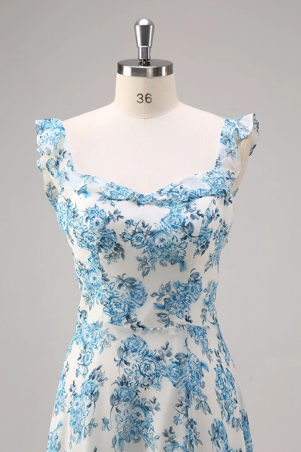 White Blue Flower A Line Square Neck Long Bridesmaid Dress with Slit sold by Zapaka product image thumbnail 4