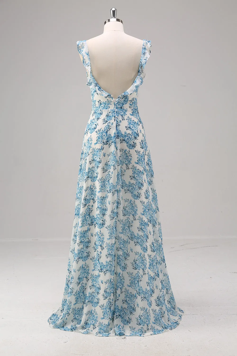 White Blue Flower A Line Square Neck Long Bridesmaid Dress with Slit sold by Zapaka product image thumbnail 2
