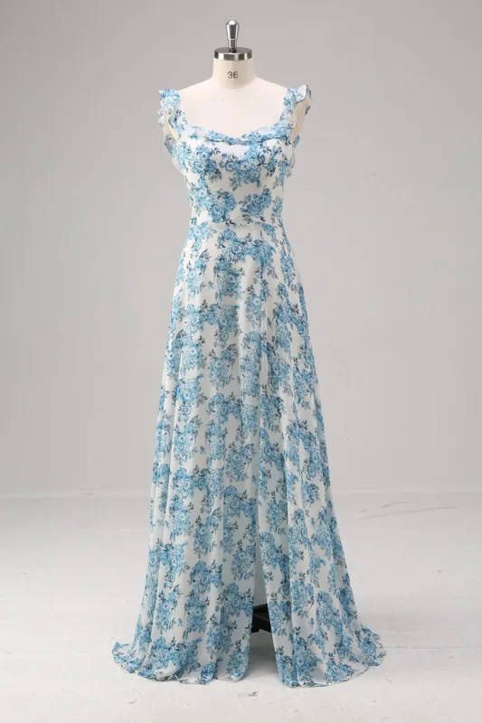 White Blue Flower A Line Square Neck Long Bridesmaid Dress with Slit sold by Zapaka