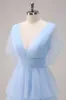 Grey Blue A-Line V Neck Tiered Tulle Long Bridesmaid Dress with Slit sold by Zapaka