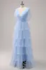 Grey Blue A-Line V Neck Tiered Tulle Long Bridesmaid Dress with Slit sold by Zapaka