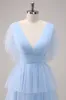 Grey Blue A-Line V Neck Tiered Tulle Long Bridesmaid Dress with Slit sold by Zapaka