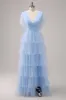 Grey Blue A-Line V Neck Tiered Tulle Long Bridesmaid Dress with Slit sold by Zapaka