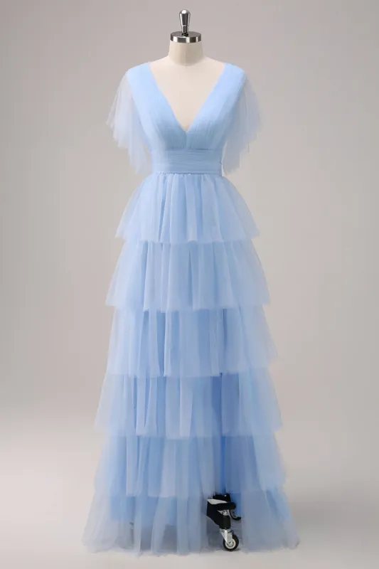 Grey Blue A-Line V Neck Tiered Tulle Long Bridesmaid Dress with Slit sold by Zapaka