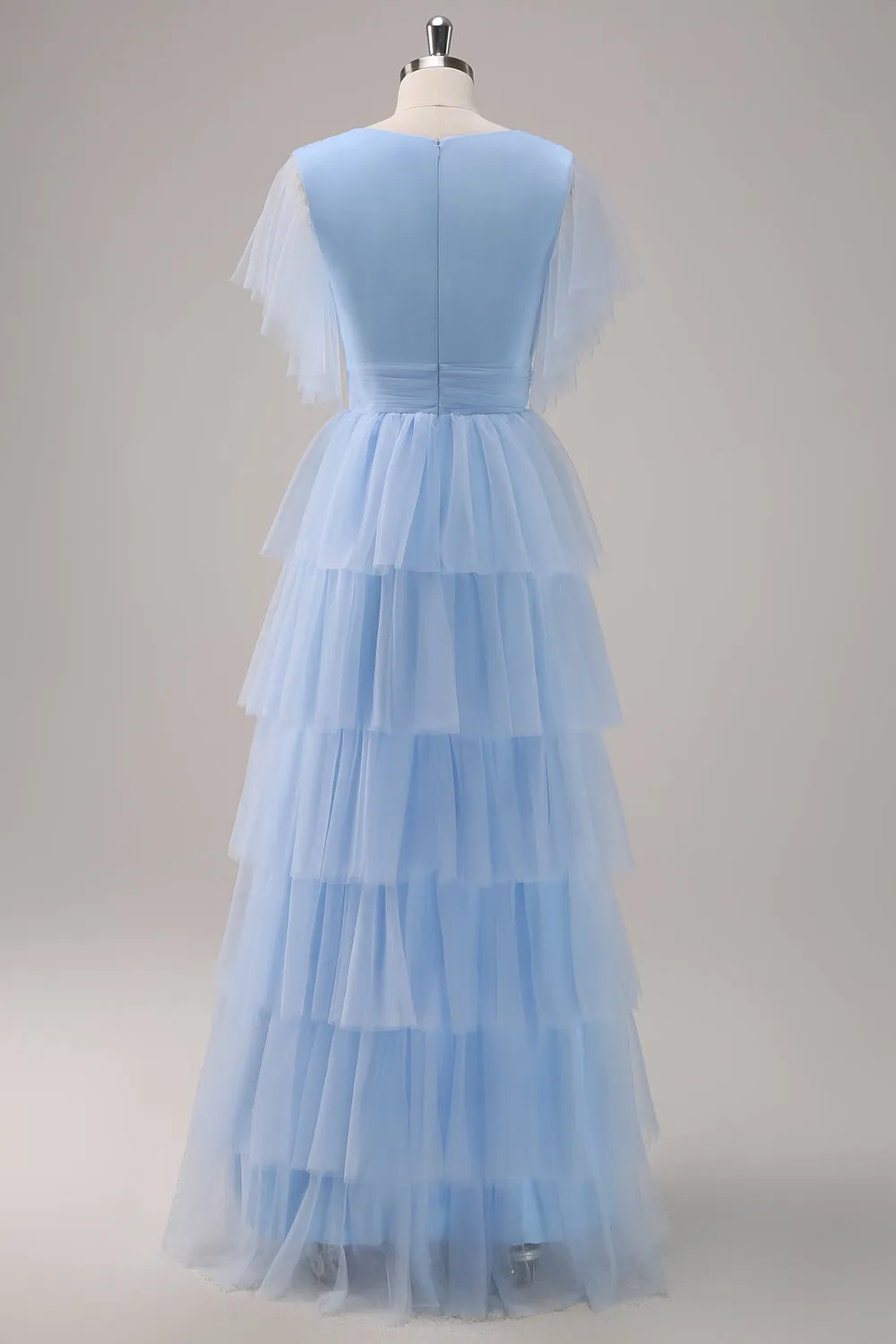 Grey Blue A-Line V Neck Tiered Tulle Long Bridesmaid Dress with Slit sold by Zapaka product image thumbnail 2