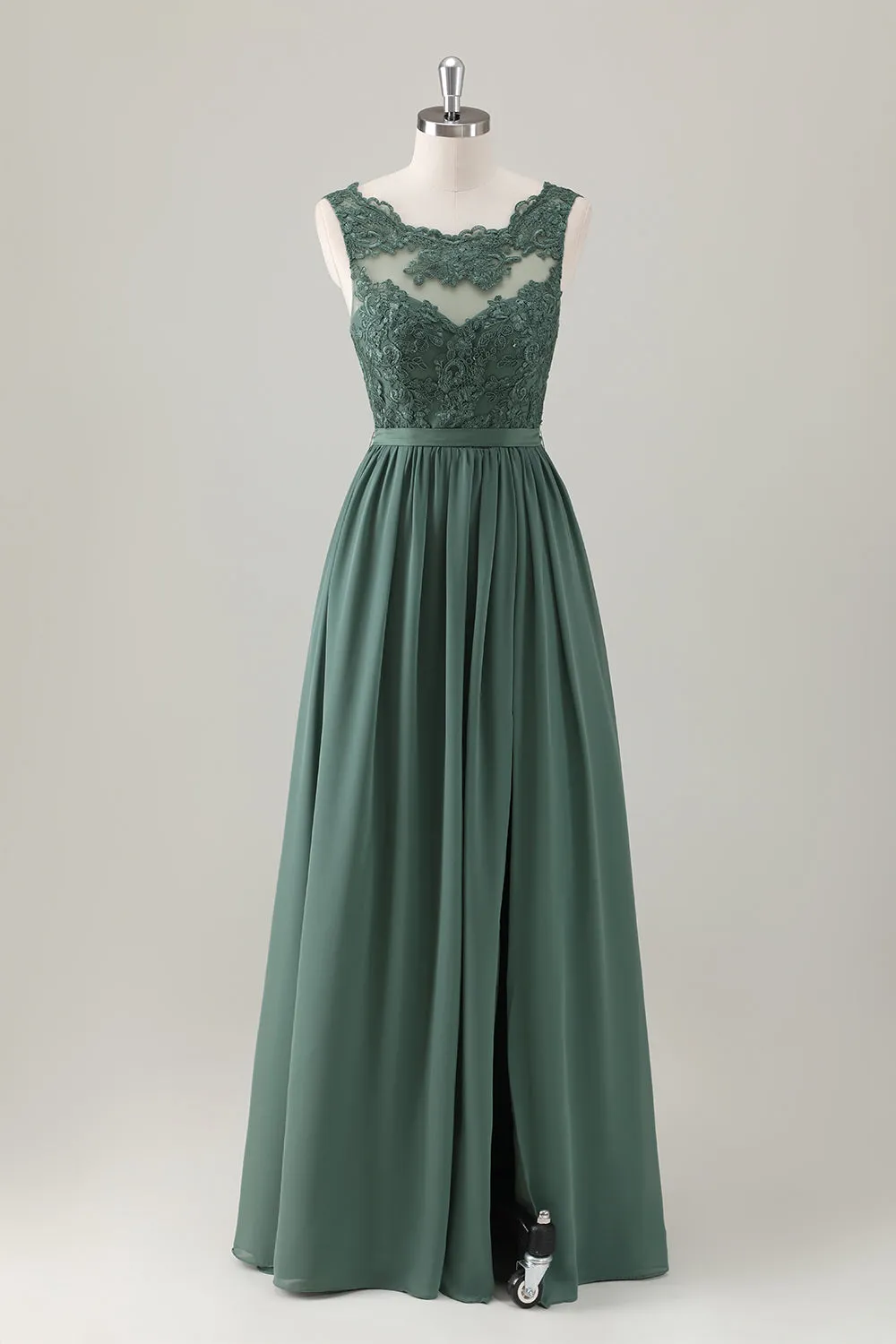 Eucalyptus A-Line Lace Long Bridesmaid Dress with Slit sold by Zapaka