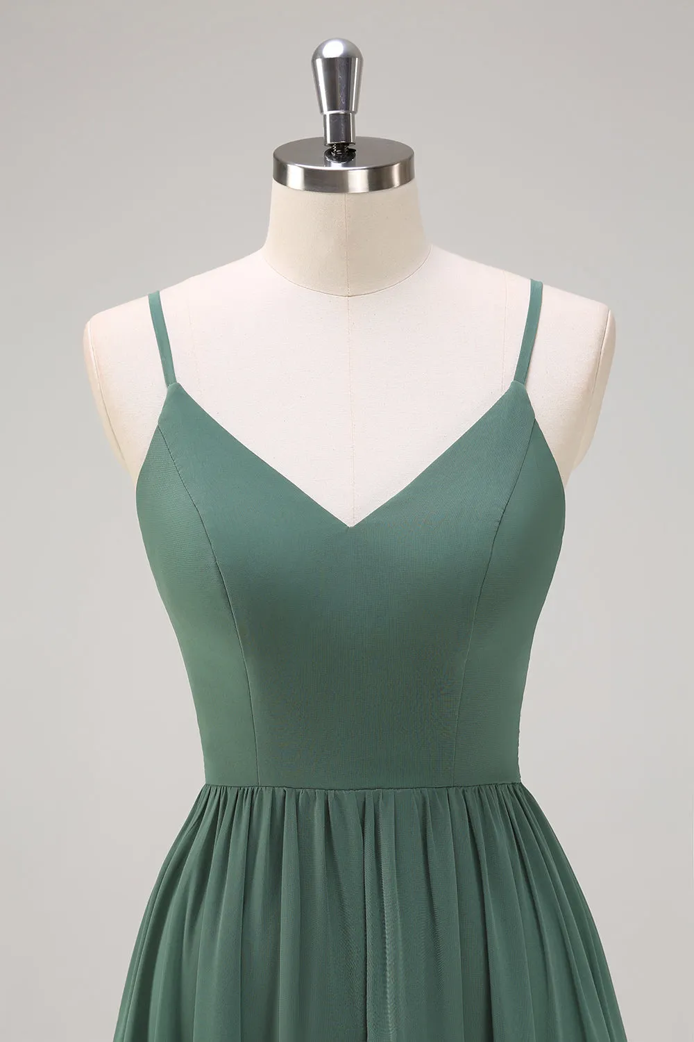 Eucalyptus A-Line Spaghetti Straps Tiered Chiffon Long Bridesmaid Dress sold by Zapaka product image thumbnail 4