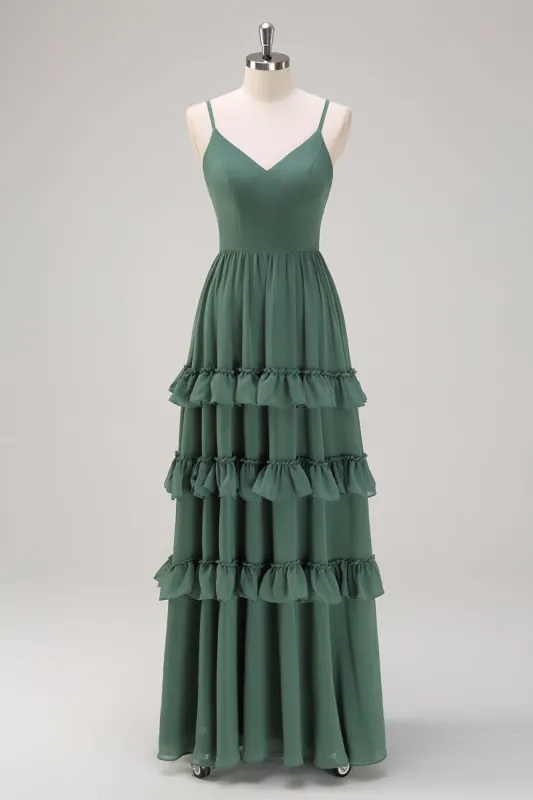 Eucalyptus A-Line Spaghetti Straps Tiered Chiffon Long Bridesmaid Dress sold by Zapaka