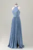 Grey Blue A-Line Halter Long Bridesmaid Dress with Slit sold by Zapaka