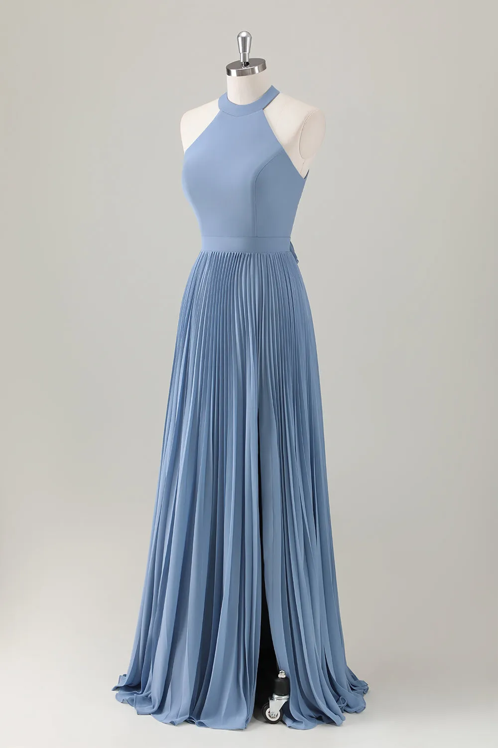 Grey Blue A-Line Halter Long Bridesmaid Dress with Slit sold by Zapaka product image thumbnail 3
