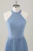Grey Blue A-Line Halter Long Bridesmaid Dress with Slit sold by Zapaka