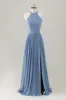 Grey Blue A-Line Halter Long Bridesmaid Dress with Slit sold by Zapaka