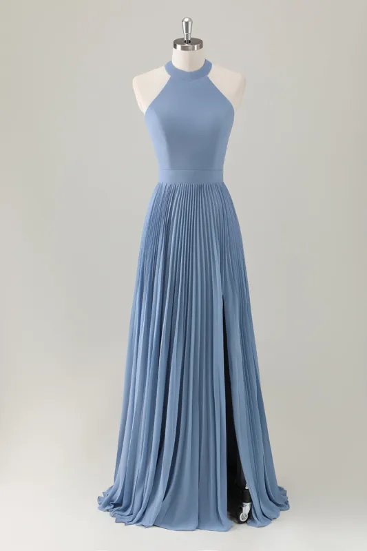 Grey Blue A-Line Halter Long Bridesmaid Dress with Slit sold by Zapaka