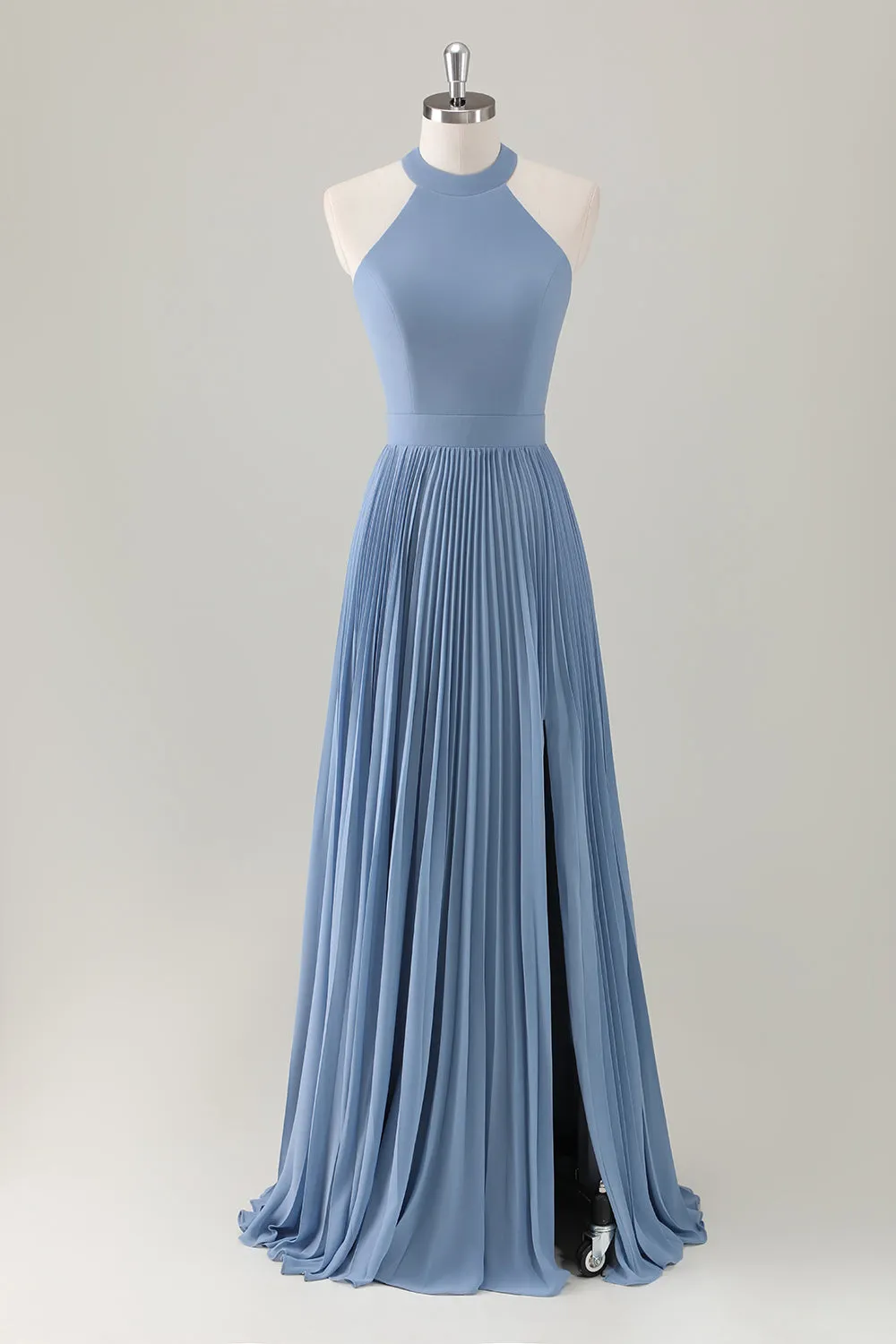 Grey Blue A-Line Halter Long Bridesmaid Dress with Slit sold by Zapaka